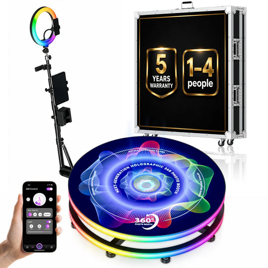 Spin Holo 39.4-inch 360 photo booth with flight case and mini holographic display
