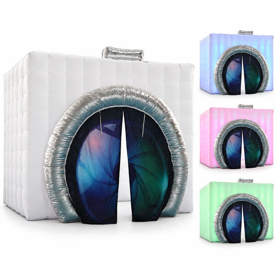 Grand Glow white enclosure with silver round entrance and lighting examples