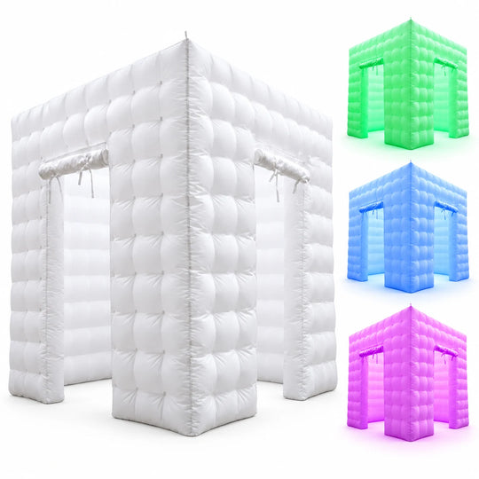 White inflatable photo booth enclosure with green, blue and pink-purple LED lighting examples