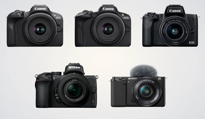 Five official camera models for a photo booth business: Canon EOS R100, EOS R50, EOS M50 Mark II, Nikon Z50, and Sony ZV-E10.