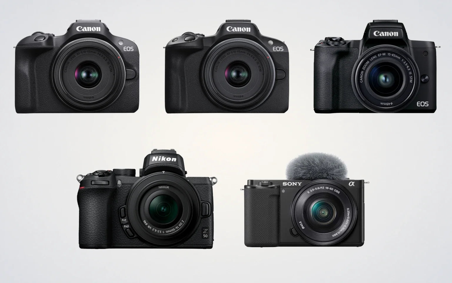 Five official camera models for a photo booth business: Canon EOS R100, EOS R50, EOS M50 Mark II, Nikon Z50, and Sony ZV-E10.