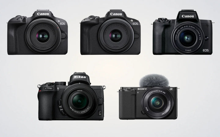 Five official camera models for a photo booth business: Canon EOS R100, EOS R50, EOS M50 Mark II, Nikon Z50, and Sony ZV-E10.