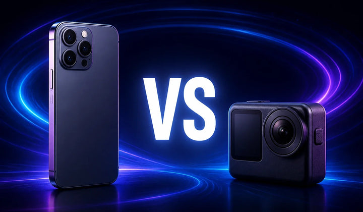 Smartphone and action camera shown in a VS comparison for a 360 photo booth