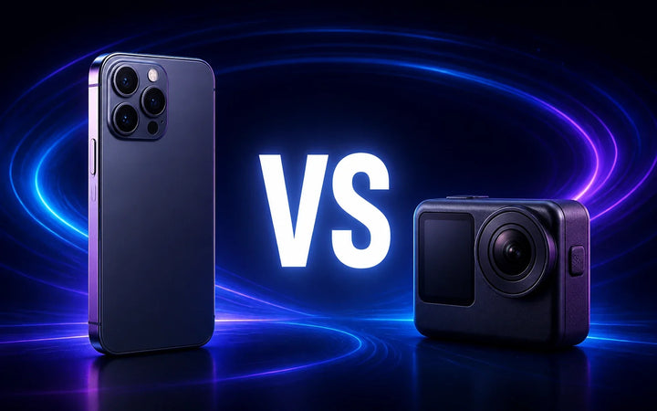Smartphone and action camera shown in a VS comparison for a 360 photo booth