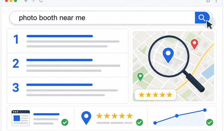 Search results interface for photo booth SEO with local rankings, map results, reviews, and a search cursor