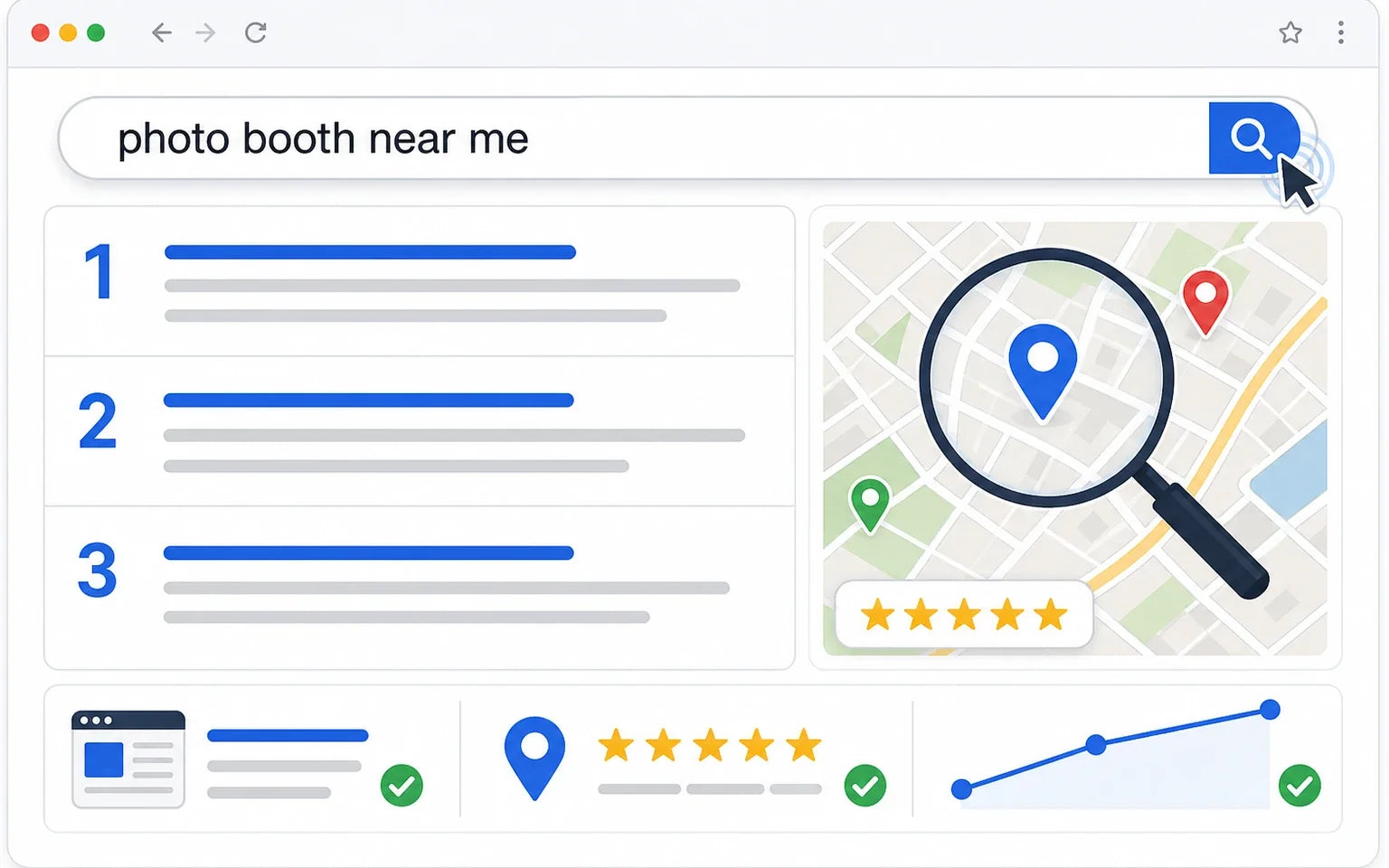 Search results interface for photo booth SEO with local rankings, map results, reviews, and a search cursor