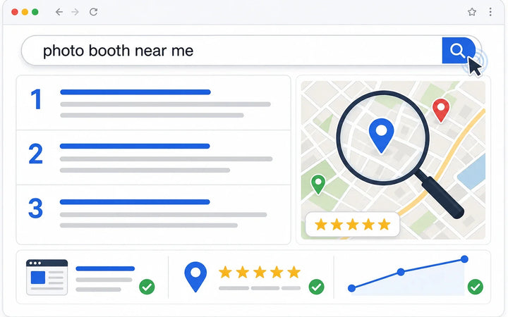 Search results interface for photo booth SEO with local rankings, map results, reviews, and a search cursor