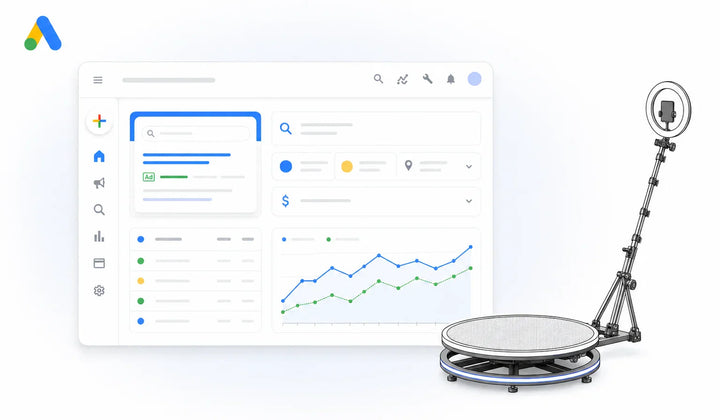 Google Ads dashboard and 360 photo booth equipment for a photo booth rental business