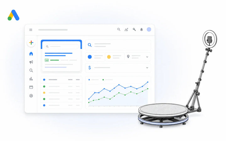Google Ads dashboard and 360 photo booth equipment for a photo booth rental business