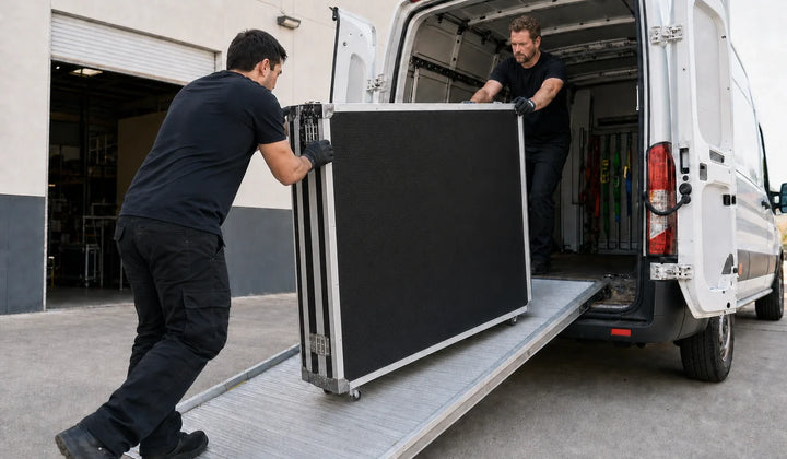 Two operators safely rolling a photo booth flight case up a ramp into a cargo van