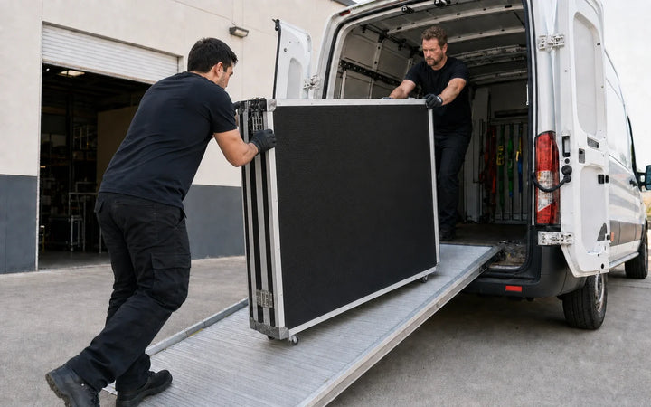 Two operators safely rolling a photo booth flight case up a ramp into a cargo van