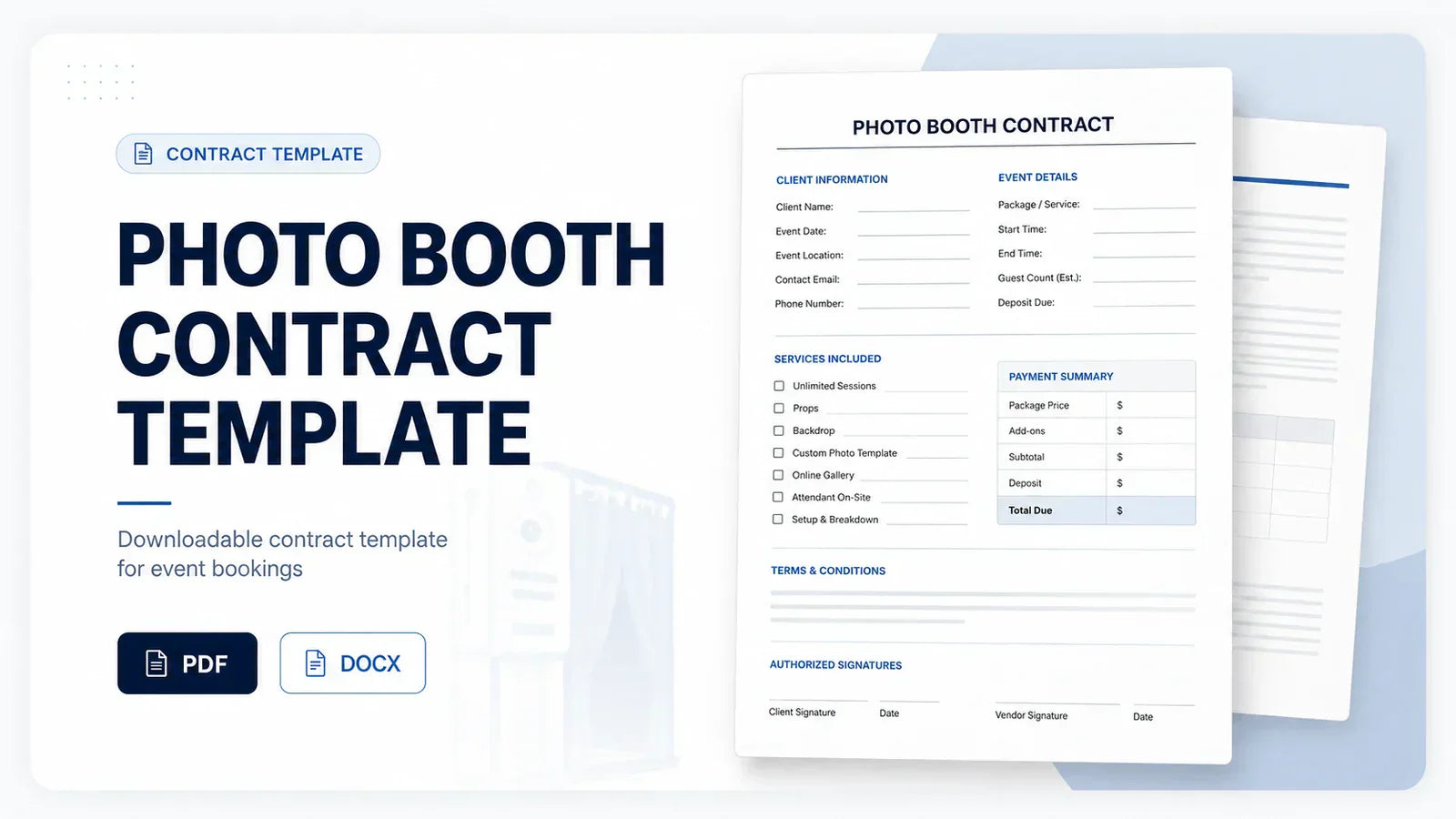 Photo booth contract template and event booking checklist for business owners