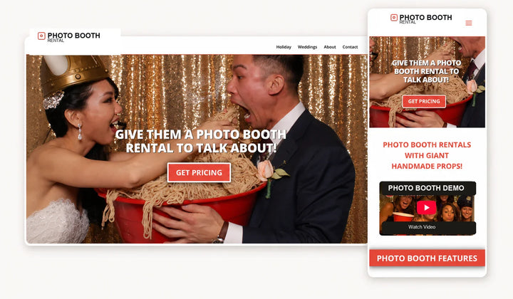 Photo booth rental website template shown in desktop and mobile layouts