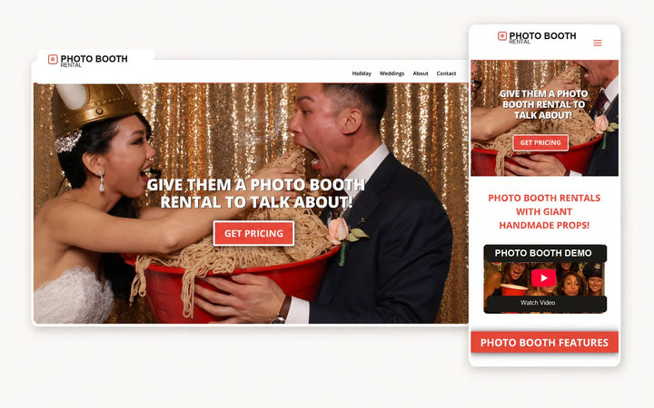 Photo booth rental website template shown in desktop and mobile layouts