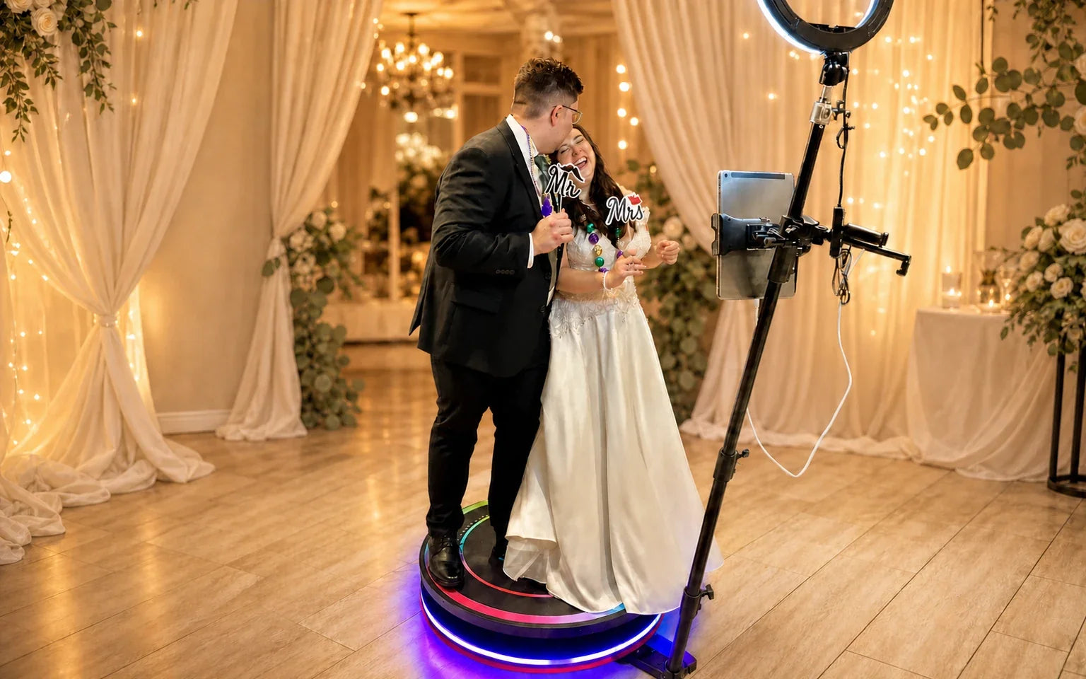 Bride and groom using a 360 photo booth at their wedding reception