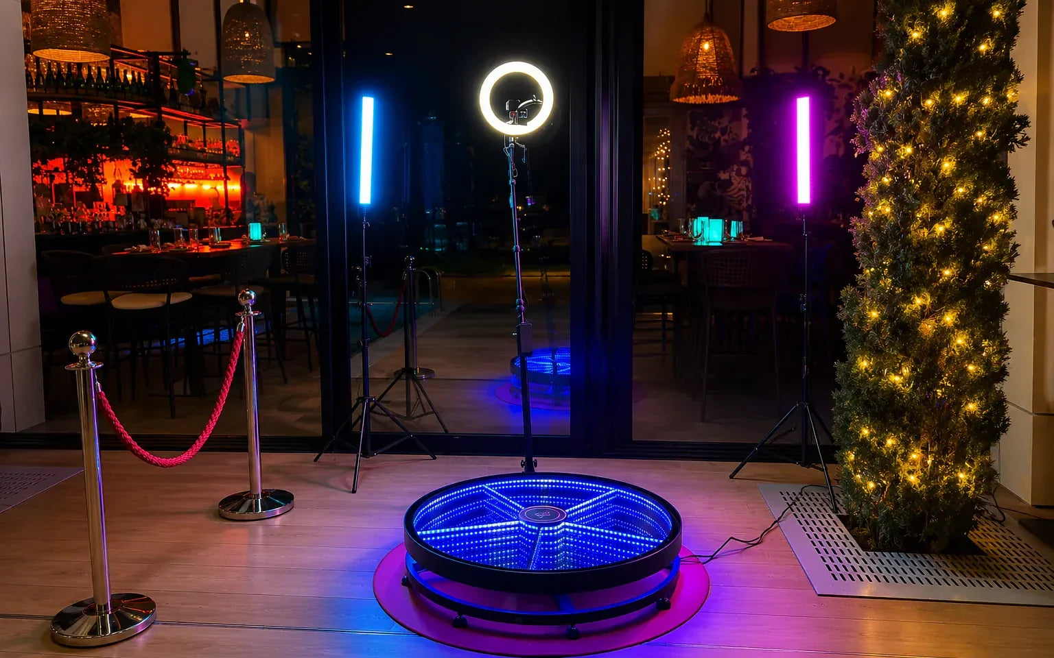 360 photo booth setup with illuminated platform and event lighting