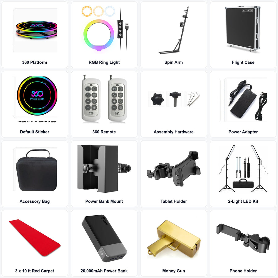 Complete 360 photo booth package contents with a clear white-background two-light LED kit