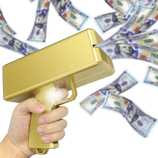 Gold money gun party toy in use with play money