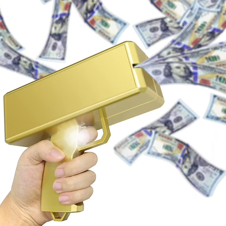 Gold money gun party toy in use with play money