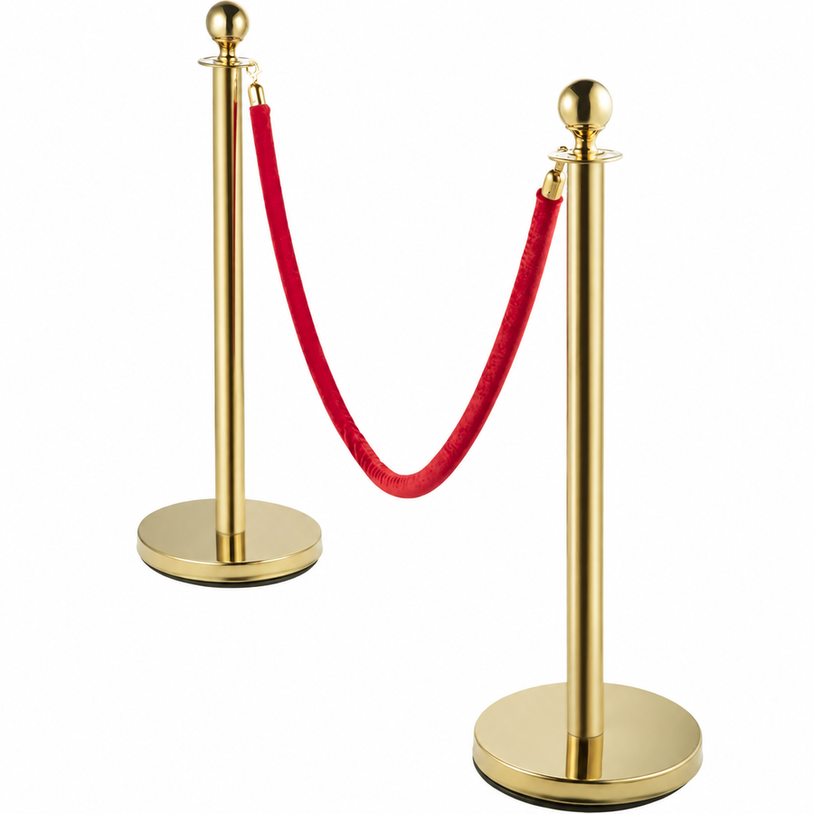 Two gold stanchion posts with one red velvet rope for photo booth events
