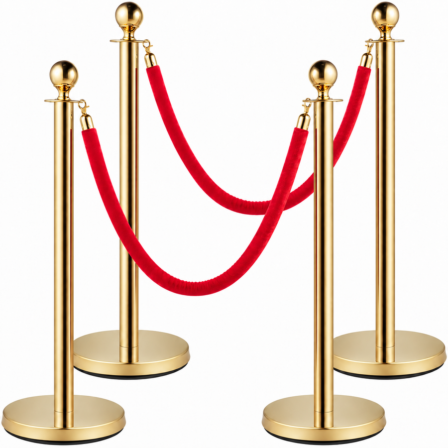 Four gold stanchion posts with two red velvet ropes for photo booth event entrances