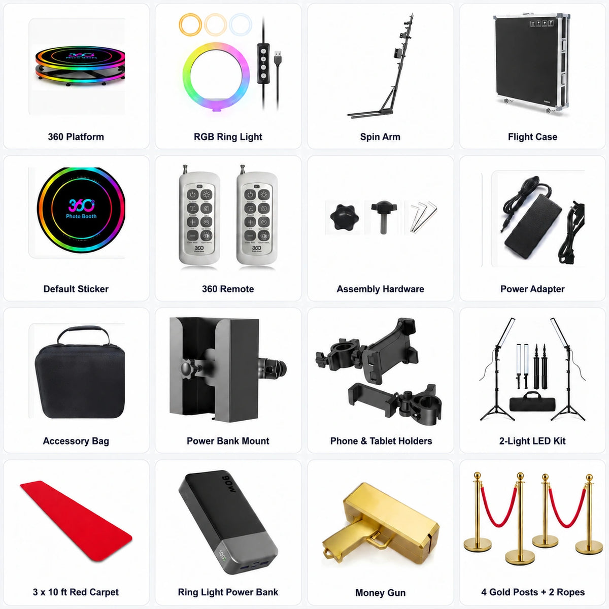 What's included in the Spin Metal Dual-Light 115cm package: booth, standard accessories, lighting kit, carpet, ring light power bank, money gun, 4 gold posts and 2 ropes