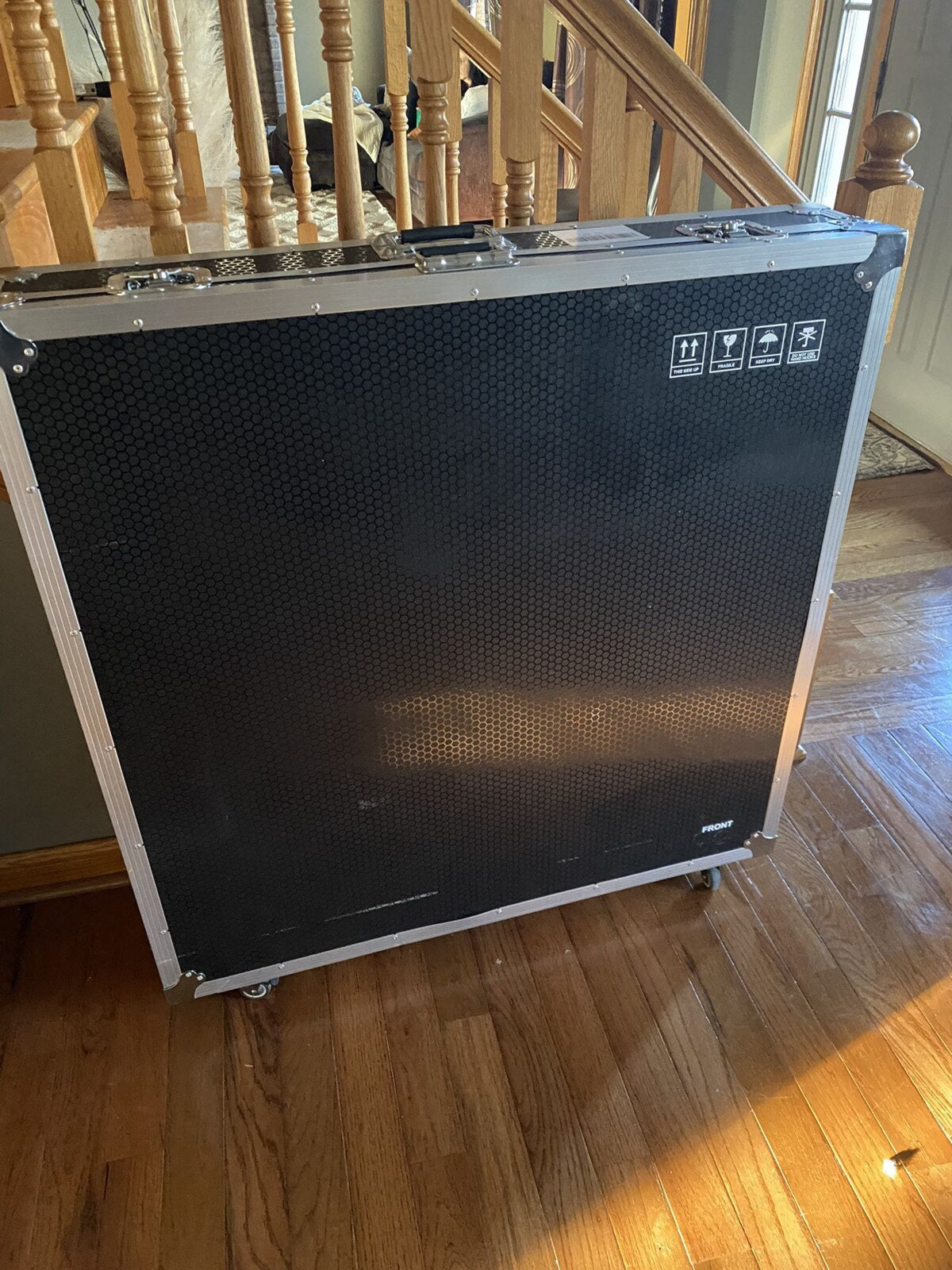 Closed hard flight case used to transport a Spin Metal 360 photo booth.