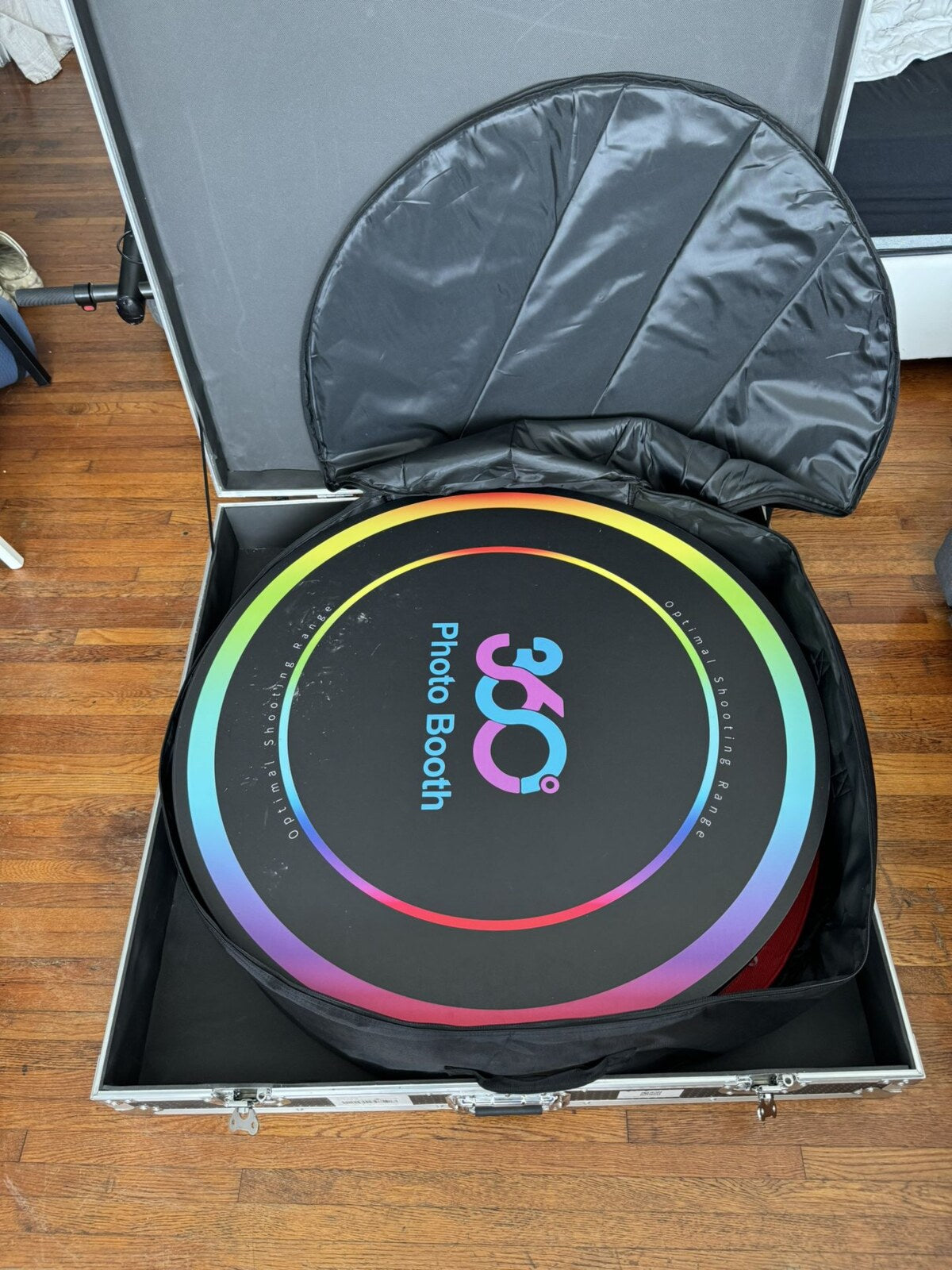 Spin Metal 360 photo booth platform packed inside its hard flight case.