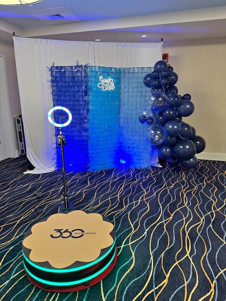 Spin Metal 360 photo booth set up for a sweet sixteen celebration.
