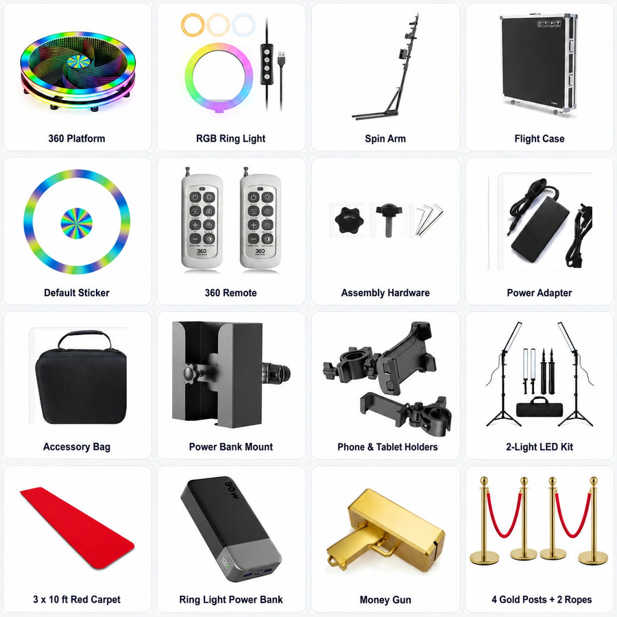 What's included in the Spin Vortex Glass Dual-Light 100cm package: booth, standard accessories, lighting kit, carpet, ring light power bank, money gun, 4 gold posts and 2 ropes