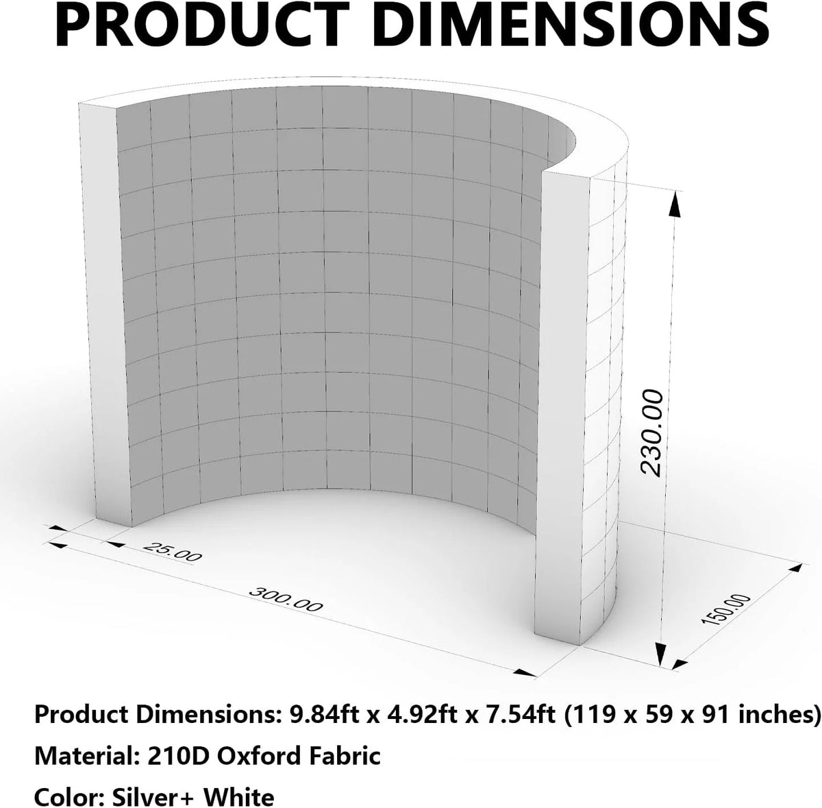 Curved wall external dimensions; silver finish shown schematically